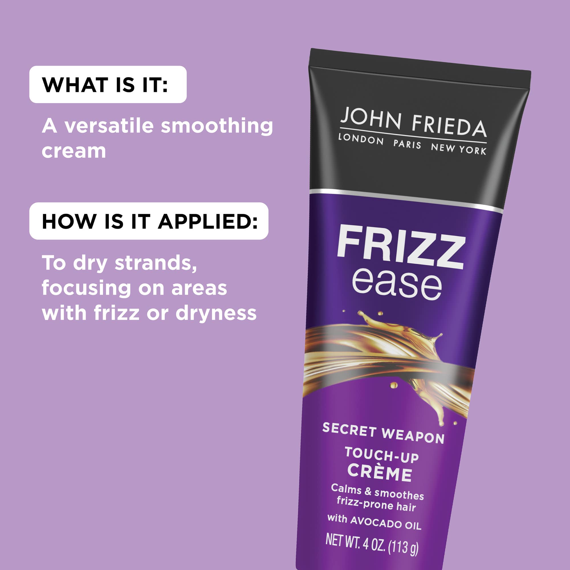 John Frieda Frizz Ease Secret Weapon Touch-Up Crème, Pack of 2, 4 Oz | Frizz-Free & Split Ends | Infused with Avocado Oil | Seals in Moisture | Smoothing Cream for Flyaways | Eliminates Flyaways