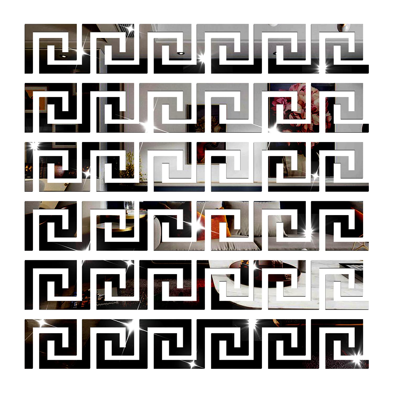 NAILDOKI DIY Wall Decals Acrylic Mirror Sticker Set, Mirror Wall Stickers for Living Room Bedroom Decor (Greek Key Black)
