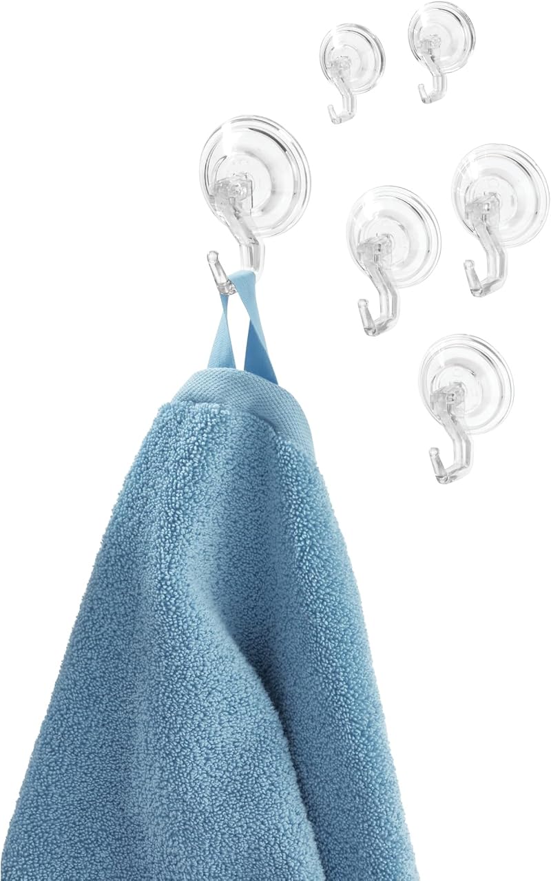 InterDesign 18130 Power Lock Suction Cup Towel Hooks Clear Plastic Set of 6