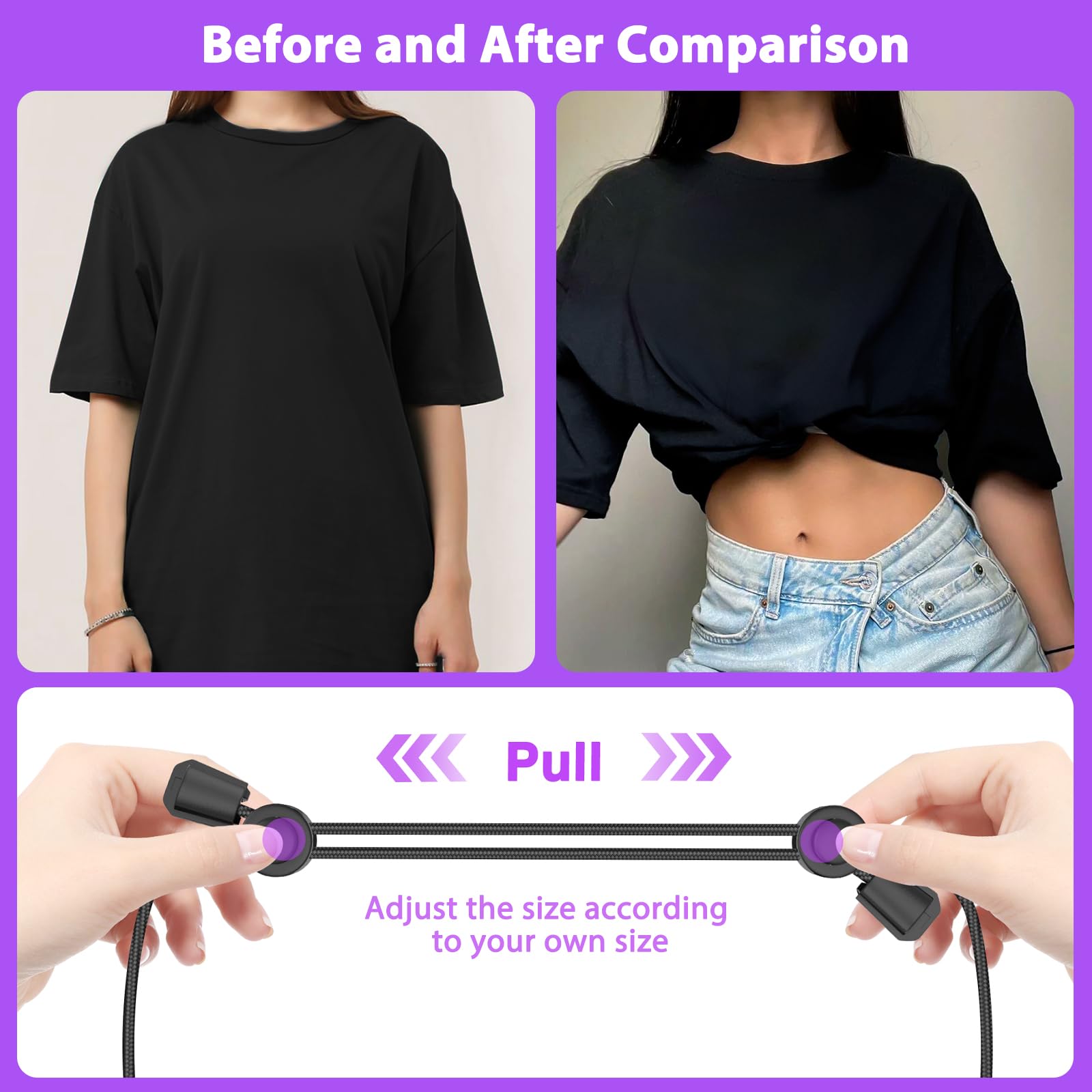 Adjustable Band, Tool for Sweater and Shirt, Belly Leaking Band, The Elastic Band to Change The Style of Your Tops(2PCS, Black and Purple, Size: Medium)