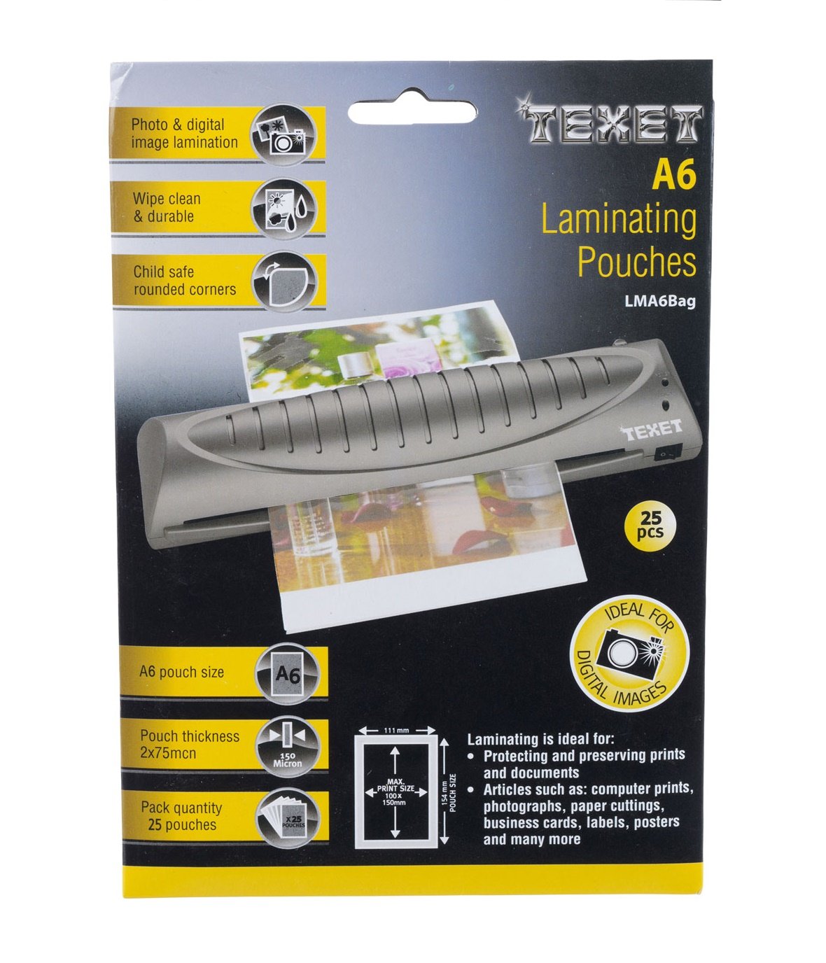TEXET A6 size Waterproof Glossy Finish Laminating Pouches | Pack of 25 | 150 micron ( 2* 75)