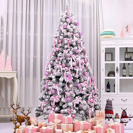 Amazon Com Ww Tt Flocked Snow Hinged Artificial Christmas Tree Prelit Realistic Branch Pine Xmas Tree Colorful Lights And Metal Stand For Holiday Decor Pink 6ft 180cm Home Kitchen