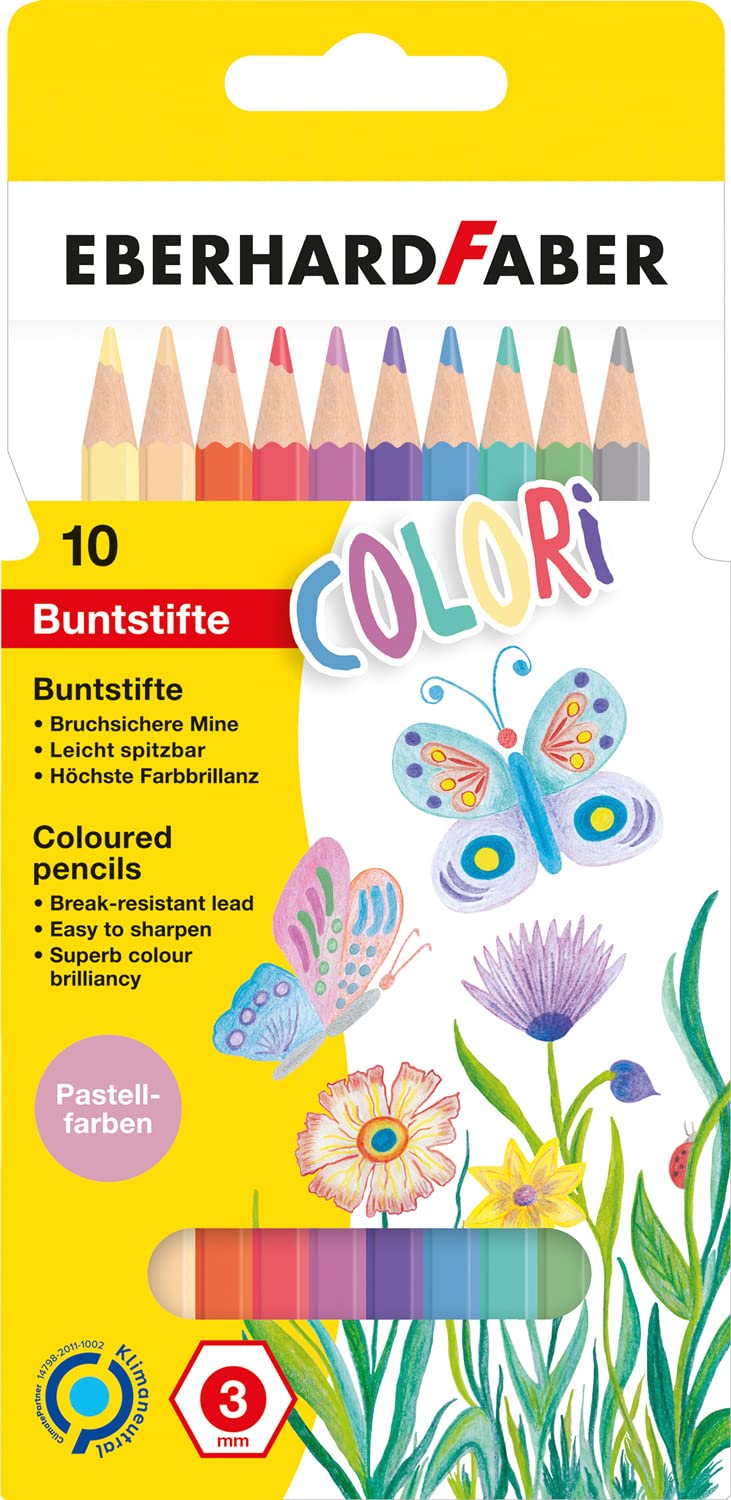 Eberhard Faber Colori 514810 Colouring Pencils in 10 Pastel Colours, Hexagonal Shape, in Cardboard Case, for Painting, Illustrating and Drawing