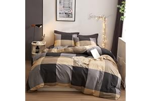 HIGHBUY Checkered Duvet Cover Queen Khaki Brown Gingham Bedding Set Soft Cotton Kids Boho Bedding Duvet Covers with Modern Geometric Grid Plaid Pattern,3 Piece Queen Size Bedding Sets with Zipper Ties