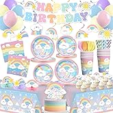 Xynic 174pcs Rainbow Birthday Decorations Tableware Complete Party Set, Rainbow Birthday Party Decorations, includes Pastel-Rainbow Paper Banner Plates Napkins Cups Forks, etc, Serves 25 Guests