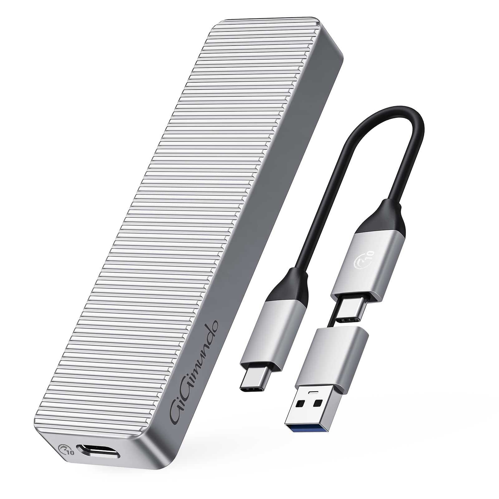 GiGimundo M.2 NVMe & SATA Enclosure, Dual-Protocol SSD Enclosure USB 3.2 Gen2 10Gbps, NVMe External Caddy Support UASP & TRIM, M.2 Caddy for M/B+M Key SSD 2230/2242/2260/2280, silver