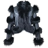 LVCOMEFF Women Sheep Leather Cropped Jacket Bolero Top Coat Motorcycle Jacket With Fox Fur Layer Long Sleeve Python Pattern