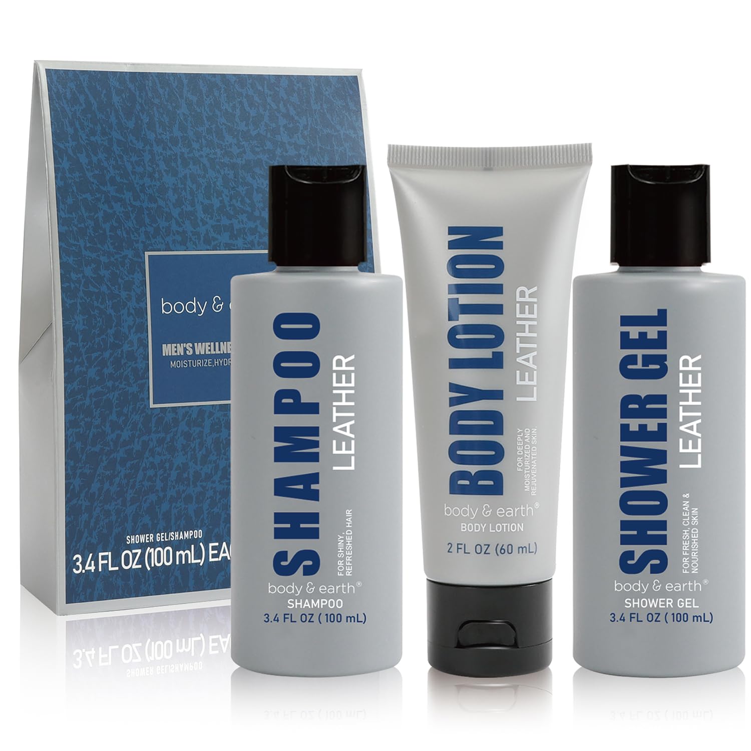BODY & EARTH Leather Scent Men's Bath Gift Set, 3-Piece Self Care Kit with Shower Gel, Body Lotion, Shampoo, Ideal for Father's Day, Birthdays, Christmas, Anniversaries, Thanksgiving, Valentine’s Day