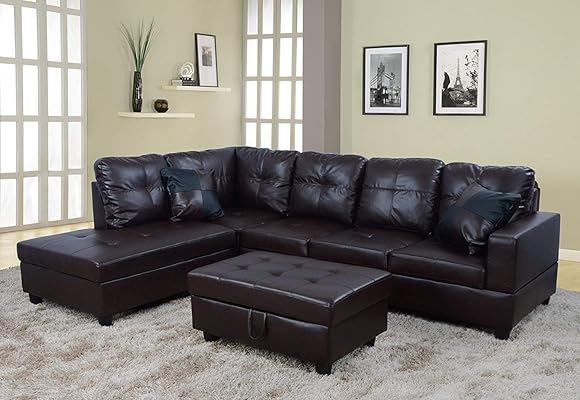 3-Piece Urbania Left Hand Facing Sectional Sofa Set, Dark Chocolate
