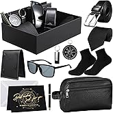 Geyoga 12 Pcs Men Birthdays Gift Set with Box for Men Dad Basket PU Leather Wallet Leather Toiletry Bag Tie Socks Belt Keychain Sunglasses Pen Compass Set