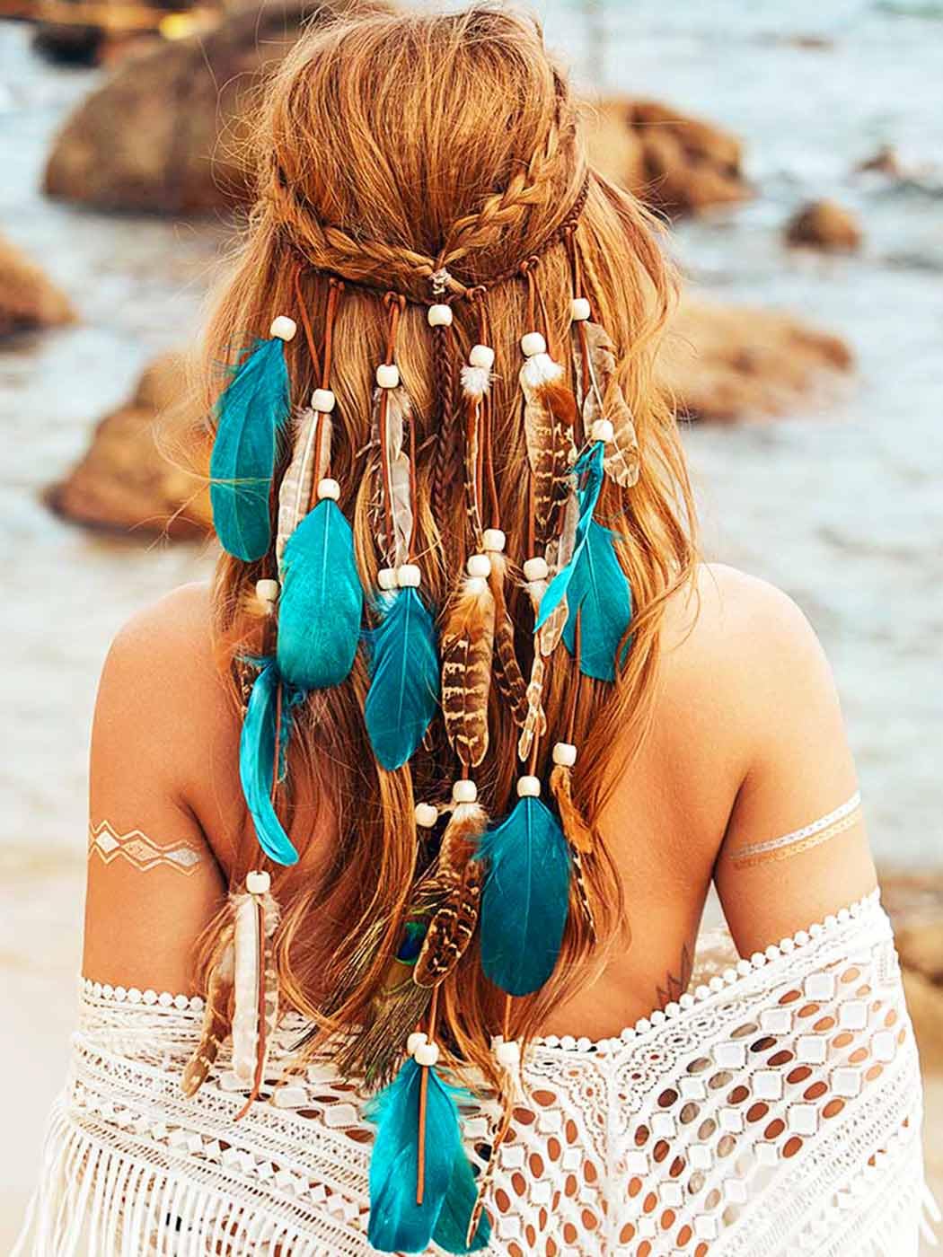 Zoestar Boho Feather Headband Indian Tribal Headpiece Feathers Tassel Hippie Headdress Festival Costume Hair Accessories for Women and Girls (D)