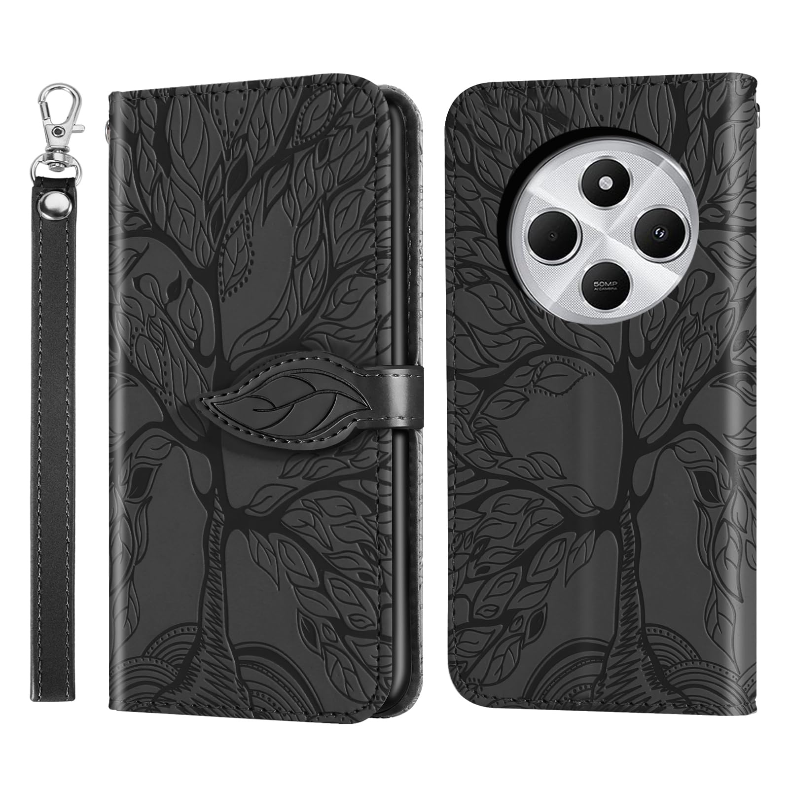 Rostsant Mobile Phone Case for Xiaomi Redmi 14C/Poco C75 - Embossed Tree PU Leather Flip Case Wallet Case Cover - Black