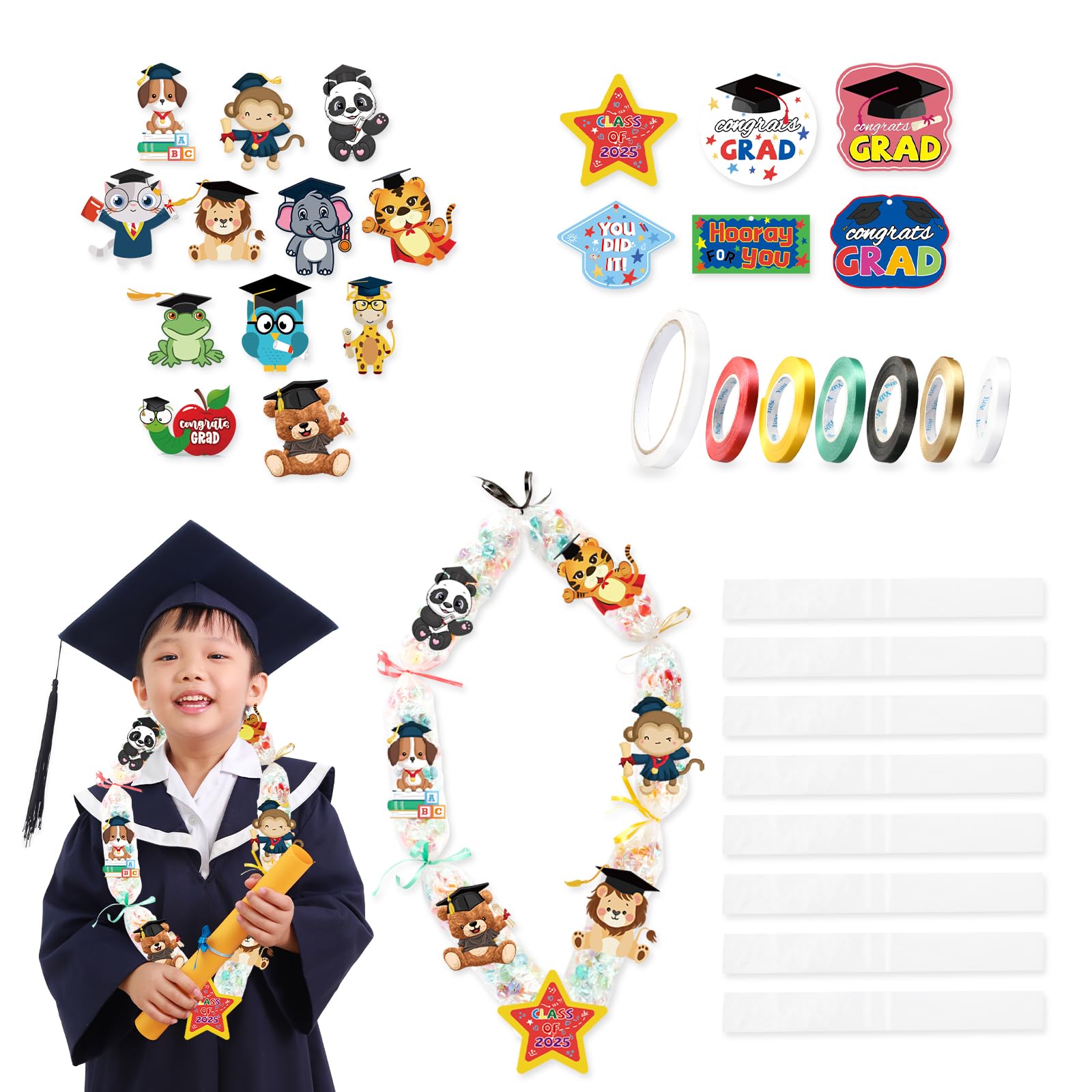 Photo 1 of 2025 Graduation Candy Lei Tubing, Grad Candy Lei Making Kit, Includes 12 Grad Cards, 144 Animal Cutouts, 24 Candy Leis Bags, 6 Rolls Ribbon, 1 Roll Tape – DIY Graduation Party Favors & Gifts for Kids