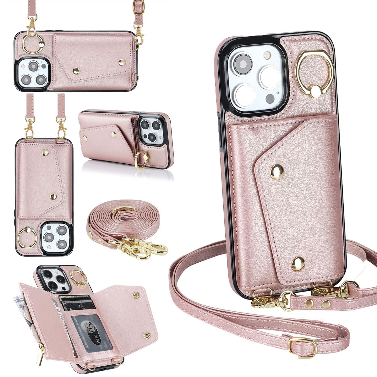 PRIVHOM Crossbody Case for iPhone 12 mini Cover, Leather Crossbody Wallet Phone Case with Adjustable Removable Lanyard Strap,Cord Lanyard Shockproof Protective Case Rose Gold