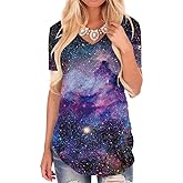 KYKU Galaxy T Shirts for Women Space Print Side Slit Curved Hem V Neck T-Shirts