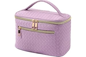 AMULOKRU Travel Makeup Bag,Large Capacity Cosmetic Bags for Women,PU Leather Checkered Makeup Travel Bag Makeup Organizer with Divider and Handle,Light purple