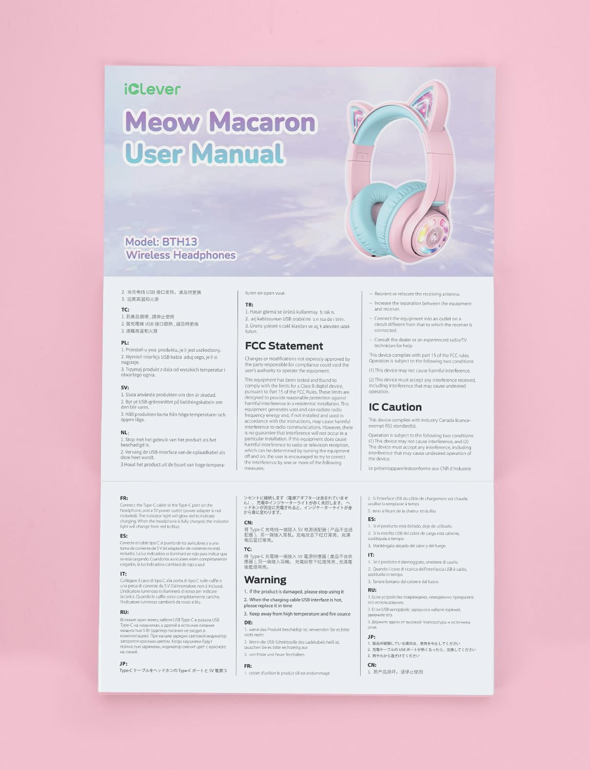 iClever Cat Ear Kids Bluetooth Headphones, LED Lights Up, 74/85dBA Safe Volume Limited, 50H Playtime,Bluetooth 5.2, USB C, Kids Headphones Wireless for Travel iPad Tablet, Meow Macaron Pink