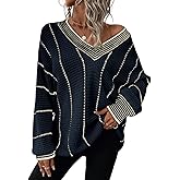 Dokotoo Womens Oversized Striped Tunic Sweaters Casual V Neck Long Sleeve Color Block Knit Pullover Jumper Tops