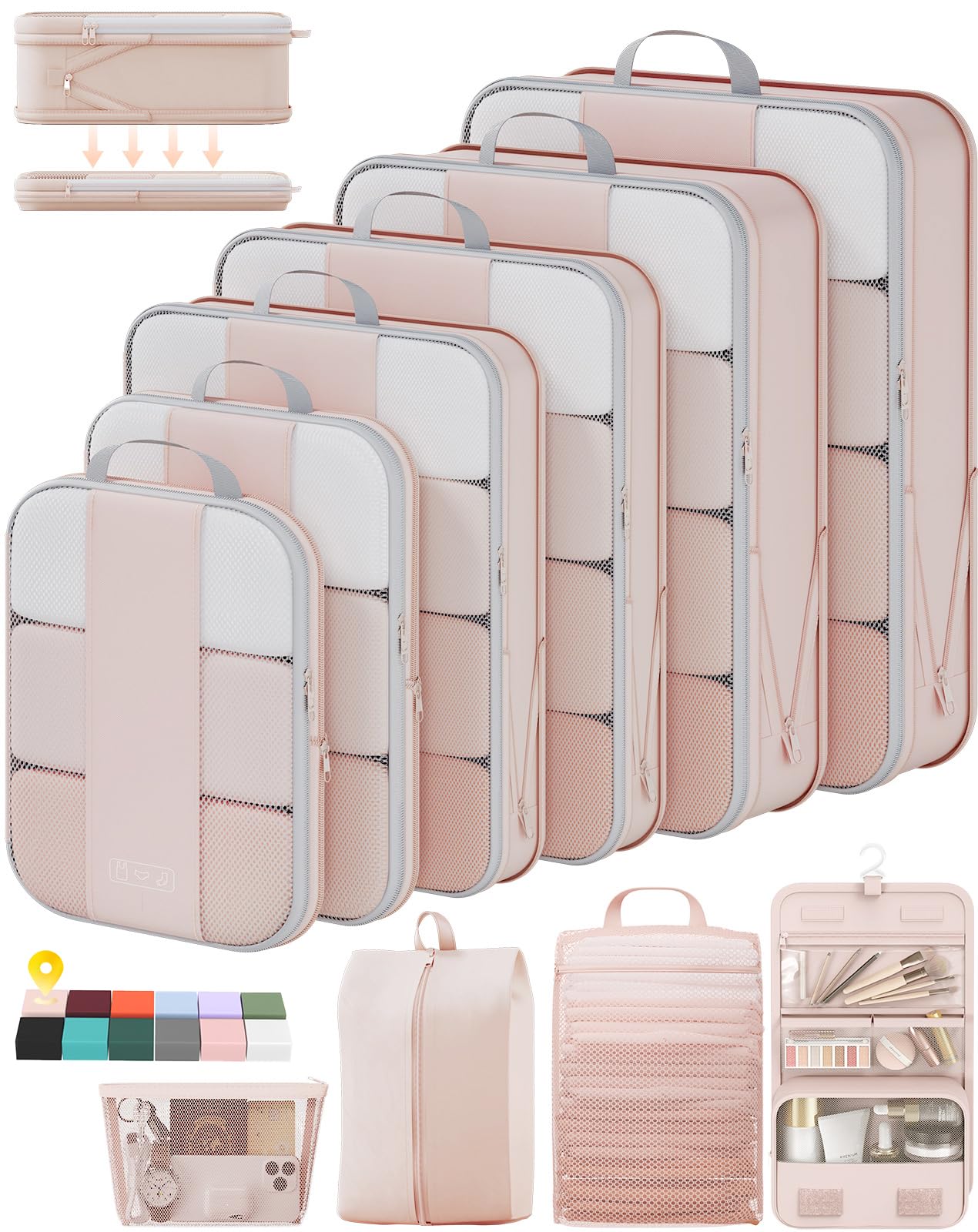 Photo 1 of 10 Set Compression Packing Cubes for Travel Gifts Women Mom,OlarHike Luggage Clothes Organizer for Travelers,Airplane/Cruise/Car/Train Travel Essentials,Compressible Expandable Saver Space Bags(Beige)