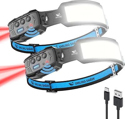 Smiling Shark 2 Pack Head Lamp LED Rechargeable 6 Modes 270° Wide Beam