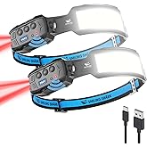 Smiling Shark Headlamp, 2 Pack Head Lamps Led Rechargeable 6 Modes 7*White Lights 270° Lighting Red Tail Light for Camping Fishing Repairation, LED-Headlamp-Rechargeable-Light