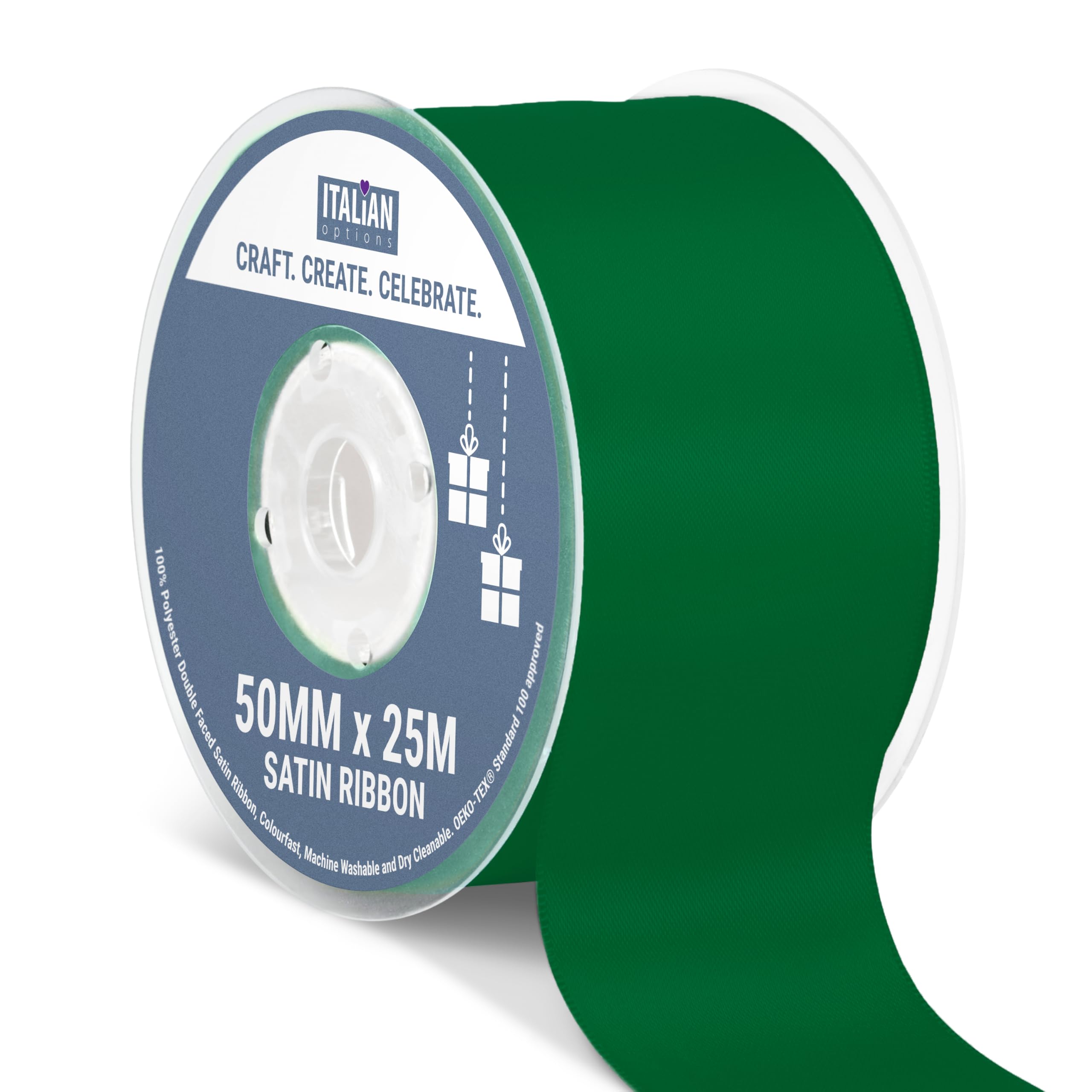 Italian Options Satin Ribbon, Fabric Ribbons for Gift Wrapping, Crafting, Balloons, Wedding Car, Presents, Cake, Christmas, Birthday, Gift Wrap Accessories, 50mm Wide x 25 Metre Roll, Bottle Green