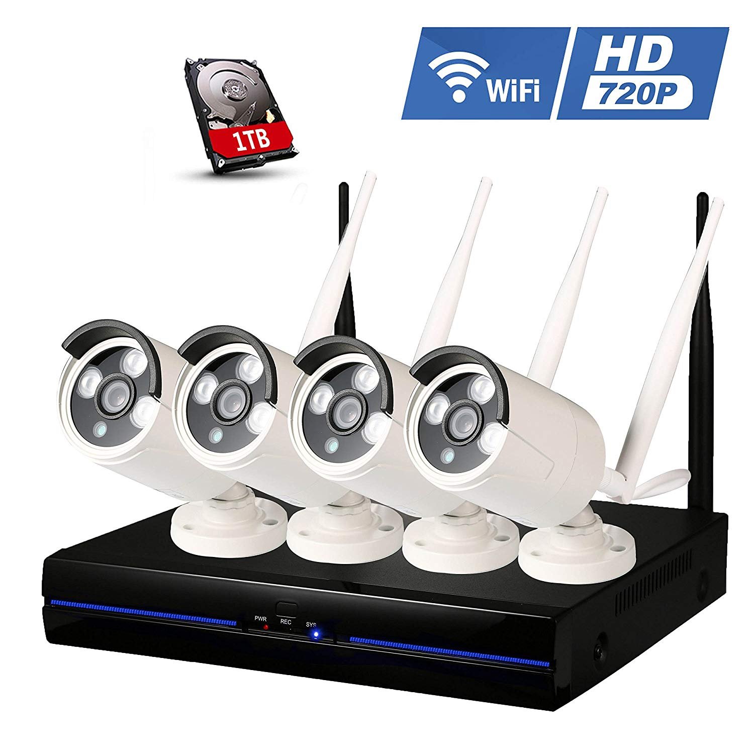 Security Camera Set Outdoor Wifi, 4 x 720P Wireless CCTV Cameras Kit for Home Garden, IP Surveillance Camera System with Night Vision, Motion Detector, NVR Recorder with 1TB Hard Disk, IP66 Waterproof, Motion Sensor for Android,IOS & PC , S