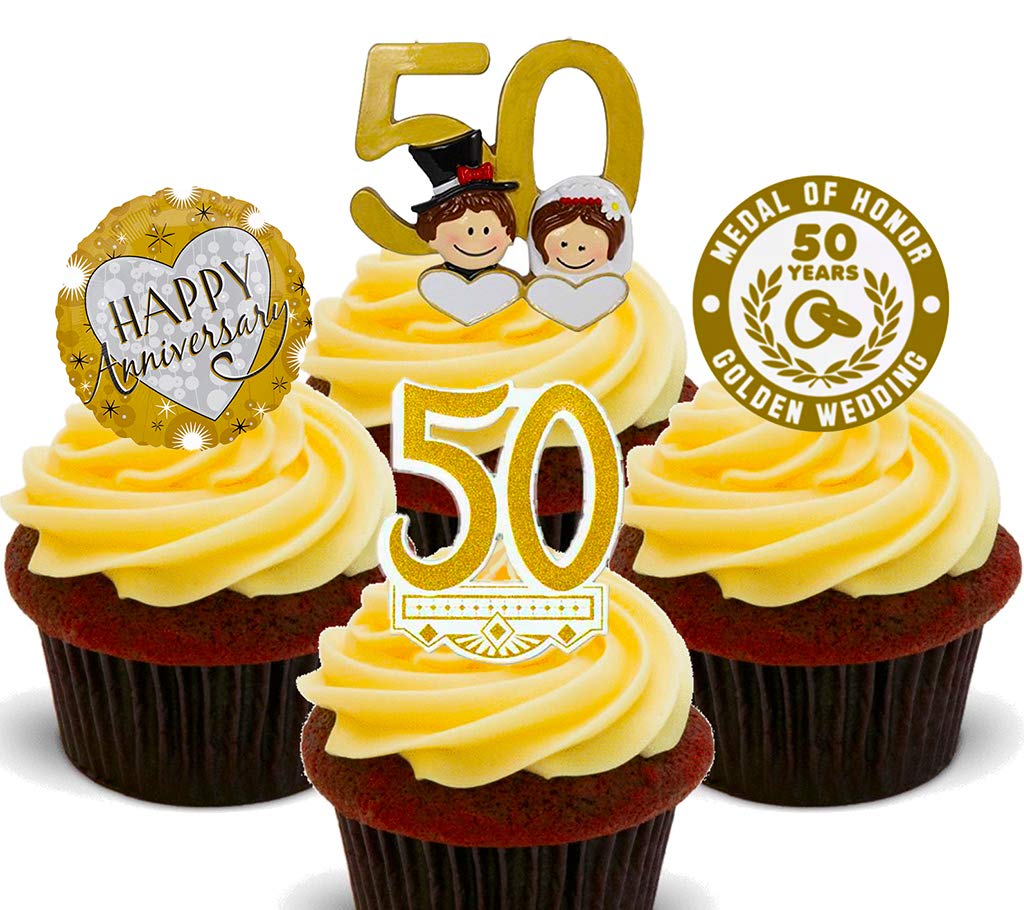 Golden Wedding 50th Anniversary Edible Cupcake Toppers - Gold Stand-up Wafer Cake Decorations (Pack of 24)