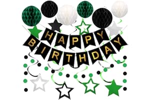 meowtastic Green and Black Birthday Decorations - Happy Birthday Banner with Honeycomb Ball, Star Hanging Swirl Streamer, Cir