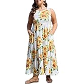 Moon Wood Women's Plus Size Sleeveless Summer Dress Crewneck Tank Casual Flowy Maxi Dress with Pockets Vacation Outfits