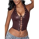 WDIRARA Women's Punk PU Leather Halter Top Grommet Eyelet Tie Front Corset Crop Top