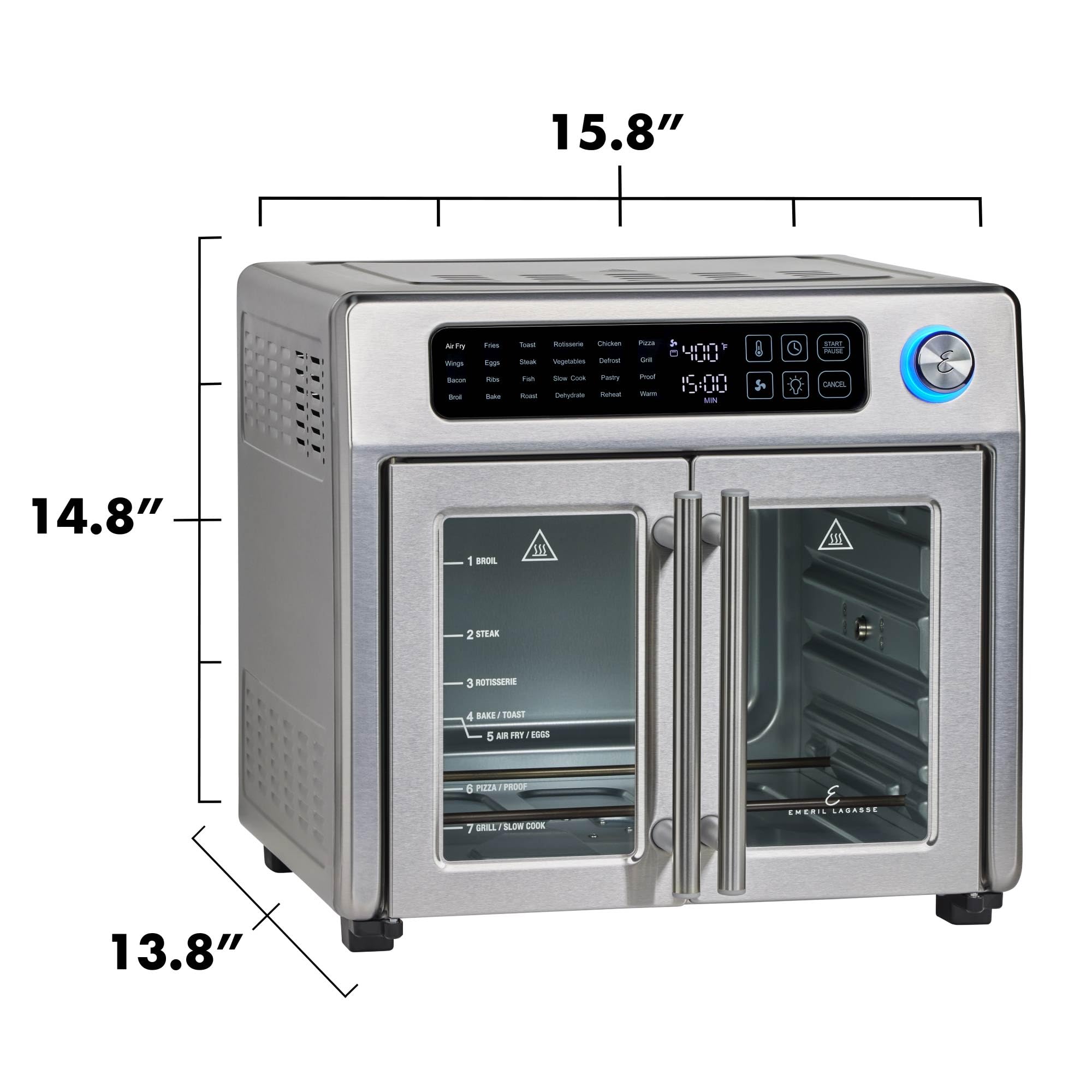 Emeril Lagasse Extra Large French Door Air Fryer Toaster Oven Combo, 24 Cooking Functions and Digital Controls, 7 Accessories Included, Stainless Steel Finish, 26QT Capacity
