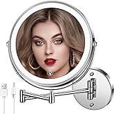 MNIENT Wall Mounted Lighted Makeup Mirror, 8" Rechargeable Double-Sided Light up Magnifying Mirror 1x/10x, 3 Colors Led Vanity Mirror with Lights, Touch Dimmable 360° Rotation Foldable