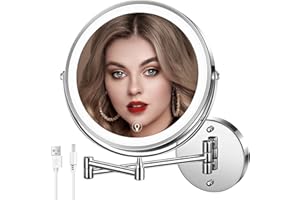 MNIENT Wall Mounted Lighted Makeup Mirror, 8" Rechargeable Double-Sided Light up Magnifying Mirror 1x/10x, 3 Colors Led Vanity Mirror with Lights, Touch Dimmable 360° Rotation Foldable