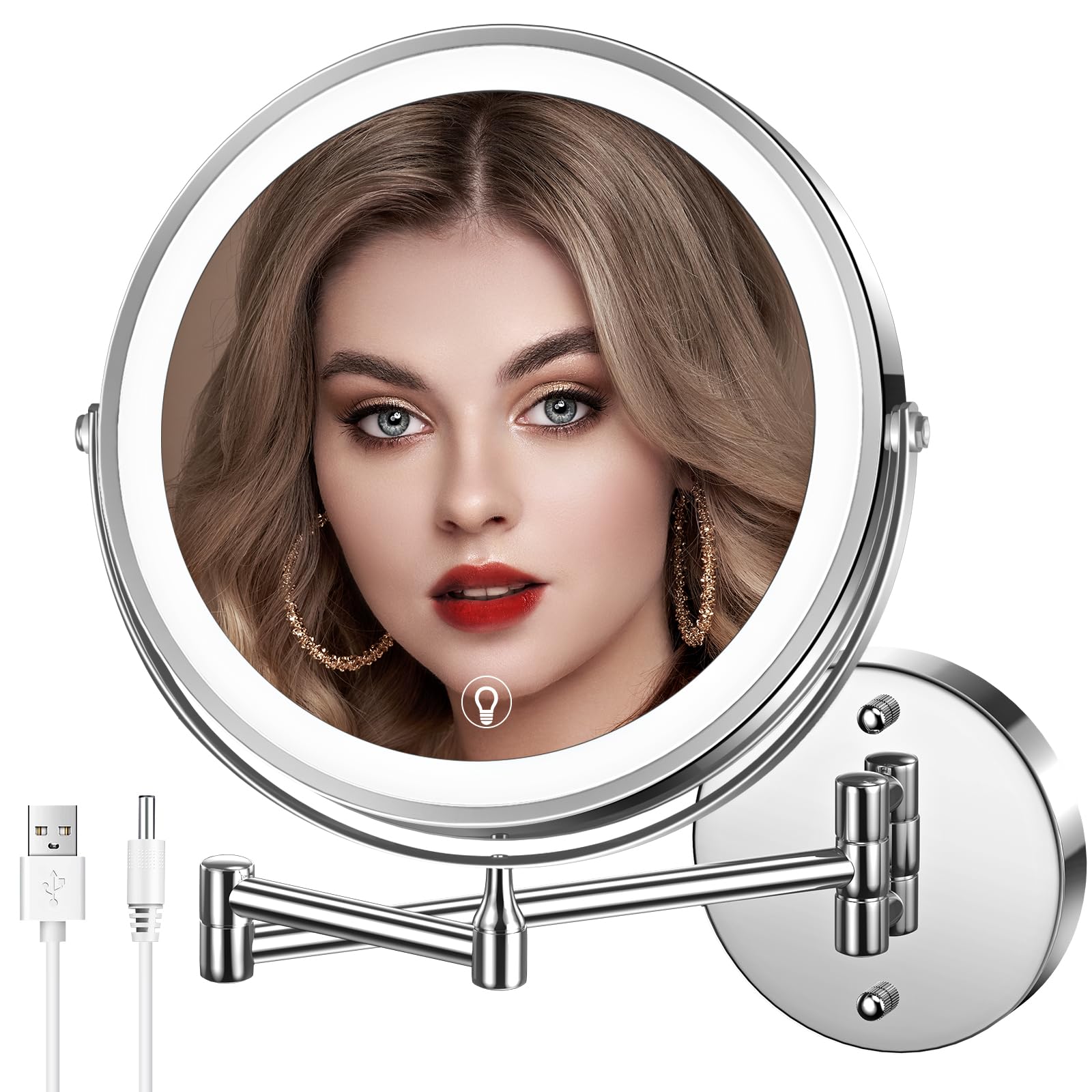 MNIENT Wall Mounted Lighted Makeup Mirror, 8" Rechargeable Double-Sided Light up Magnifying Mirror 1x/10x, 3 Colors Led Vanity Mirror with Lights, Touch Dimmable 360° Rotation Foldable Image