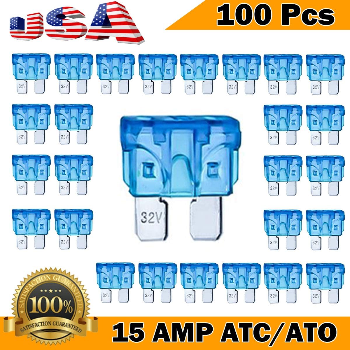 Kodobo 100 Pack Auto Fuses 15 AMP ATC/ATO Standard Regular