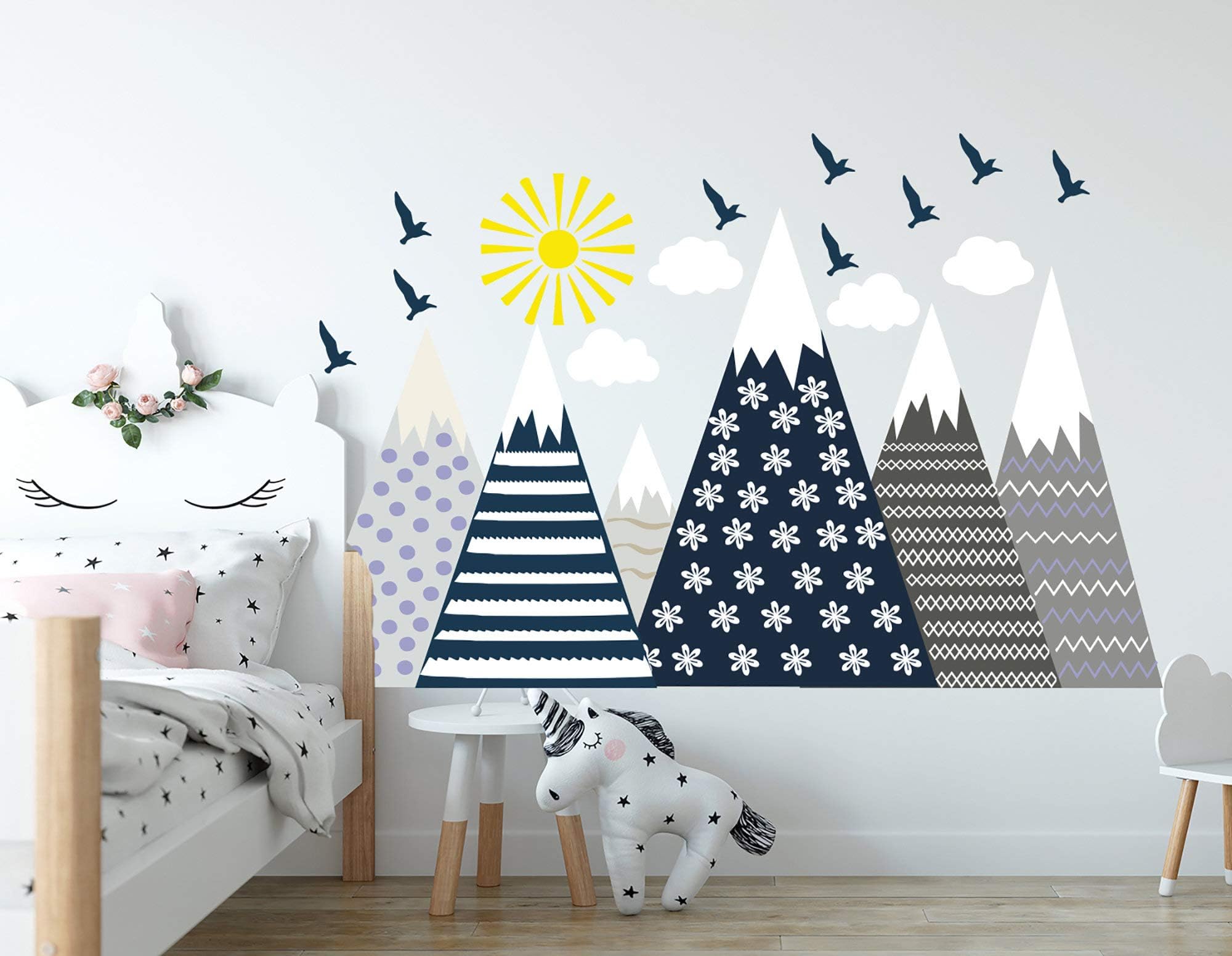 Mountain Wall Decal Vinyl Decor Baby Nursery Decal Sun Decal Nursery Art Moon Decal Baby Bedroom Decor Bird Stickers S424