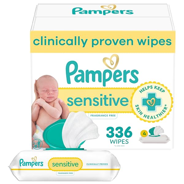 PAMPERS BABY WIPES, SENSITIVE, WATER BASED WIPE, CLINICALLY PROVEN, HYPOALLERGENIC, AND UNSCENTED FOR BABIES, 336 WIPES TOTAL (4 FLIP-TOP PACKS)