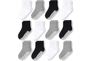 CozyWay Baby & Toddler Socks With Grippers Non Slip Crew Grip Socks for Girls and Boys Soft Comfy Cotton 3T-5T Black White Gray 12 Pack