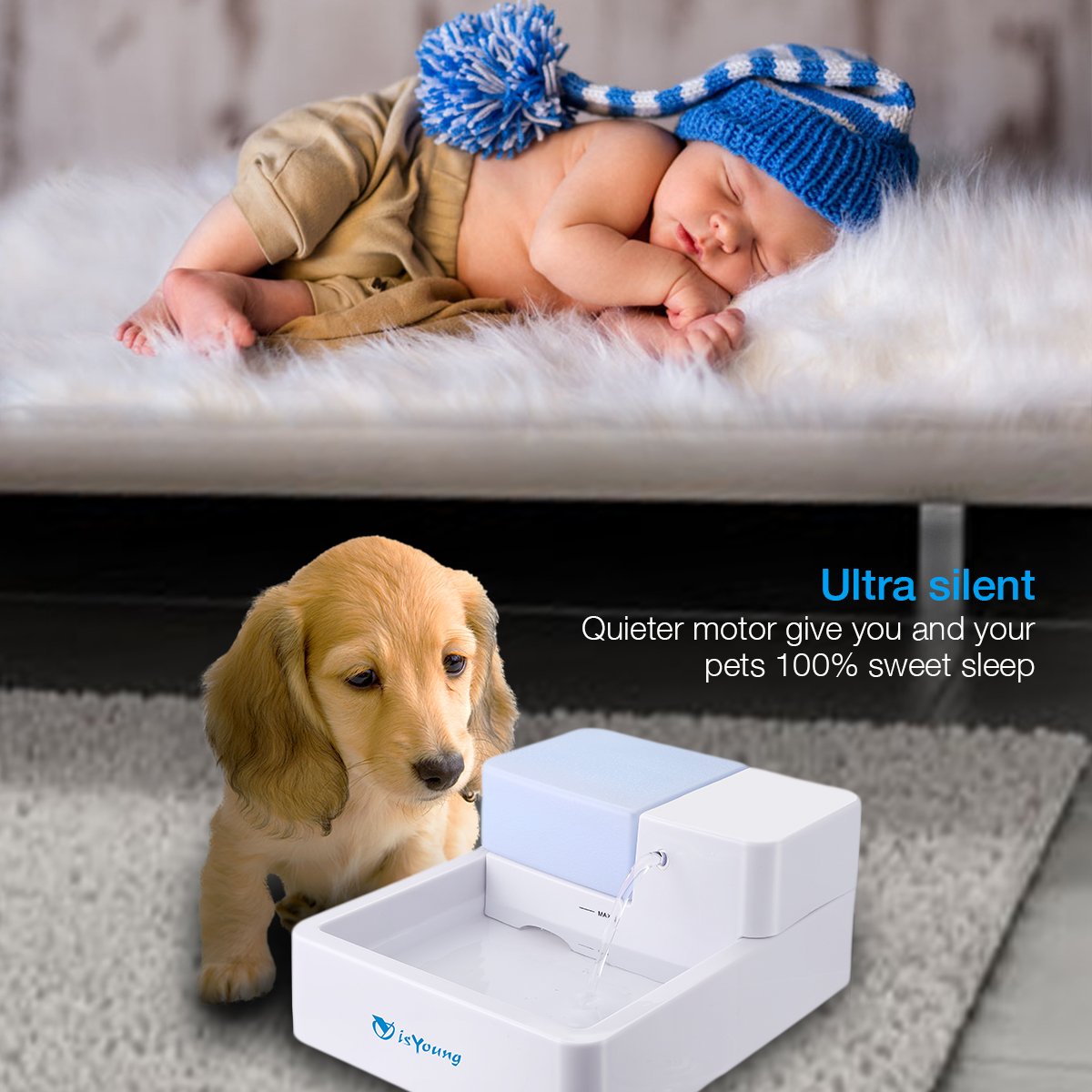 isYoung 24 * 7 Ultra Quiet Drinking Pet Fountain for Cats and Dogs 1.8L Water Capacity with Activated Carbon Filter and LED Lighting