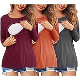 Ekouaer Women 3 Packs Nursing Shirts Long Sleeve Breastfeeding Tops Round Neck Postpartum Clothes Double Layer Maternity Tee