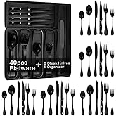 49-Piece Black Silverware Set with Organizer, Stainless Steel Flatware Set for 8 with Drawer Tray, Cutlery Steak Knives Fork Spoon for Home Restaurant, Mirror Finish