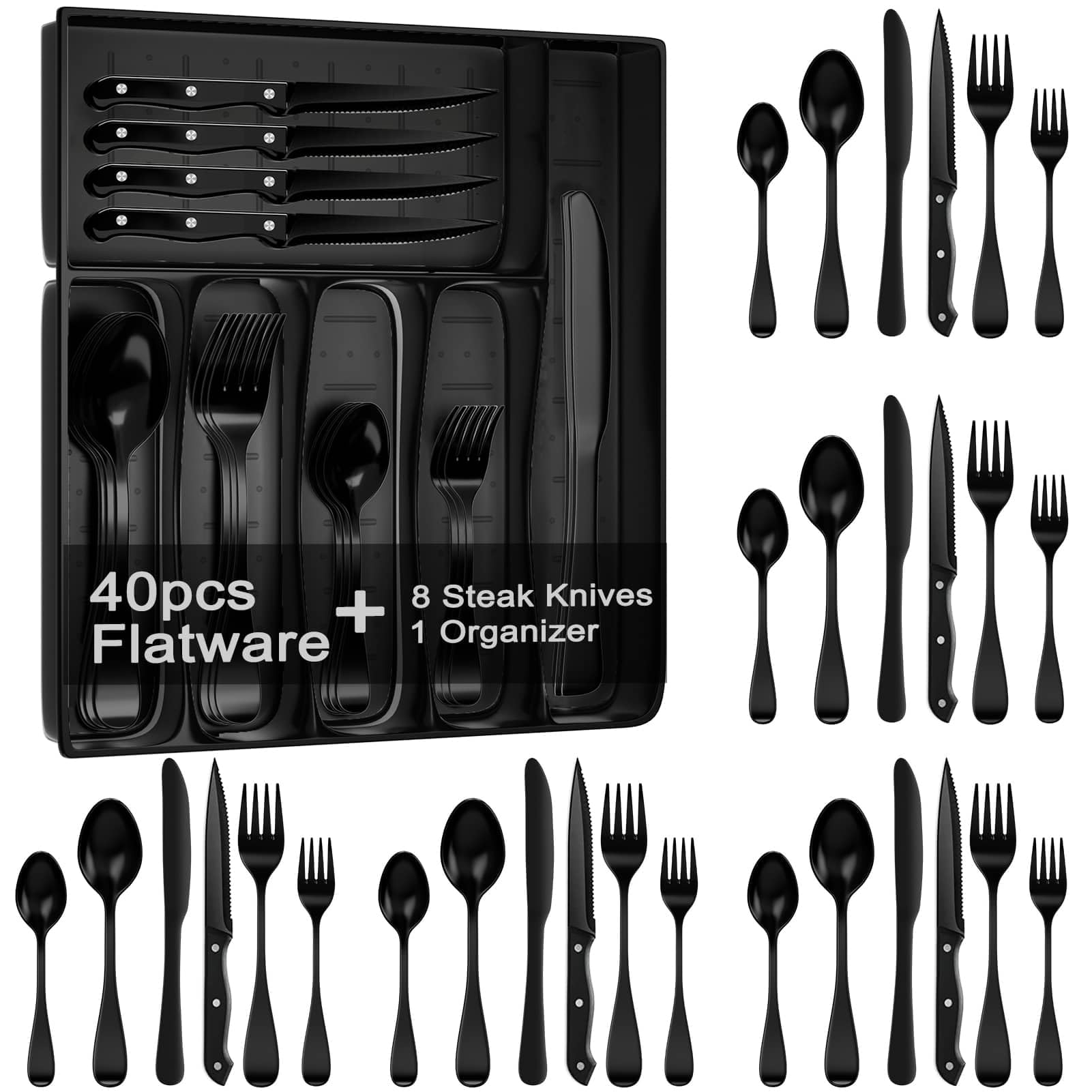 Photo 1 of 49-Piece Black Silverware Set with Organizer, Stainless Steel Flatware Set for 8 with Drawer Tray, Cutlery Steak Knives Fork Spoon for Home Restaurant, Mirror Finish