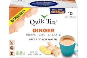 QUIK TEA QuikTea Ginger Unsweetened Chai Tea Latte – 10 Count, Bold Ginger Flavor, no preservatives, No Sugar Added – Just Add Hot Water