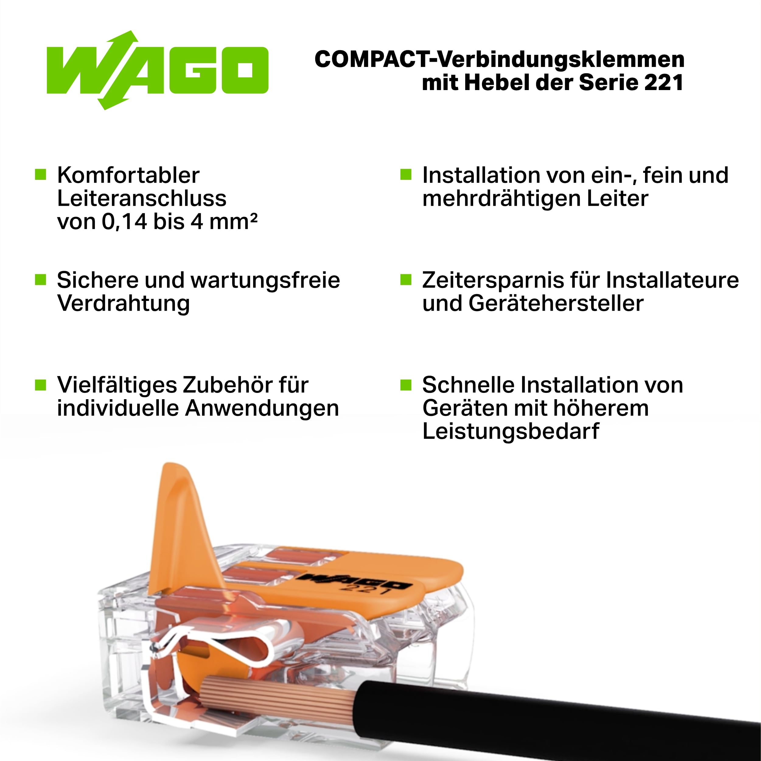 WAGO Verbindungsklemmen 221-413 | 3 Leiter, bis 4 mm², 50 Stück, COMPACT Kabelverbinder mit Hebel für alle Leiterarten weltweit, bestätigte Anwendungssicherheit 3