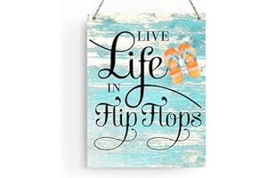 BELLOWDEER Rustic Live Life in Flip Flops Wood Hanging Sign, Farmhouse Beach Artwork Decor, Summer Beach Wooden Plaque Sign Wall Art Decor Signs Home Beach House Pool Decoration 8 x 10 Inches(JTMP080)