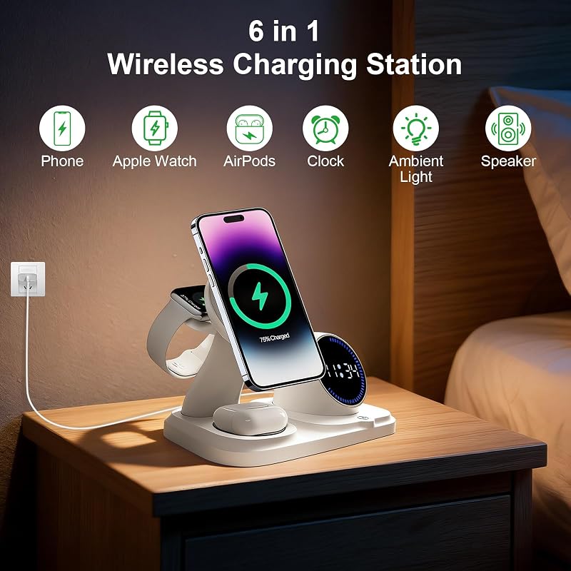 6 en 1 Cargador inalámbrico para iPhone con Altavoz Bluetooth, estación de Carga rápida para iPhone 17/16/15/14/13/12/11/Pro/Max/Plus, para Apple Watch y AirPods — foto 3 de 7