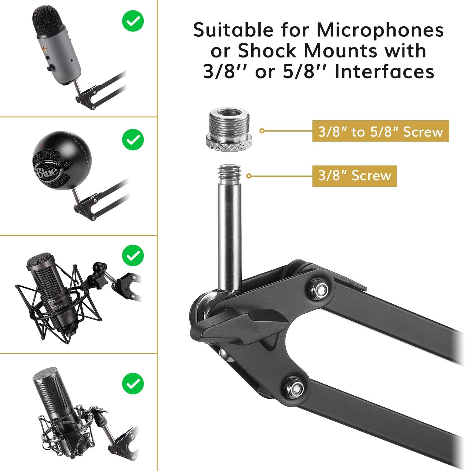 Microphone Arm Stand, TONOR Adjustable Suspension Boom Scissor Mic Stand with Pop Filter, 3/8" to 5/8" Adapter, Mic Clip, Upgraded Heavy Duty Clamp for Blue Yeti Nano Snowball Ice and Other Mics(T20): Musical Instruments