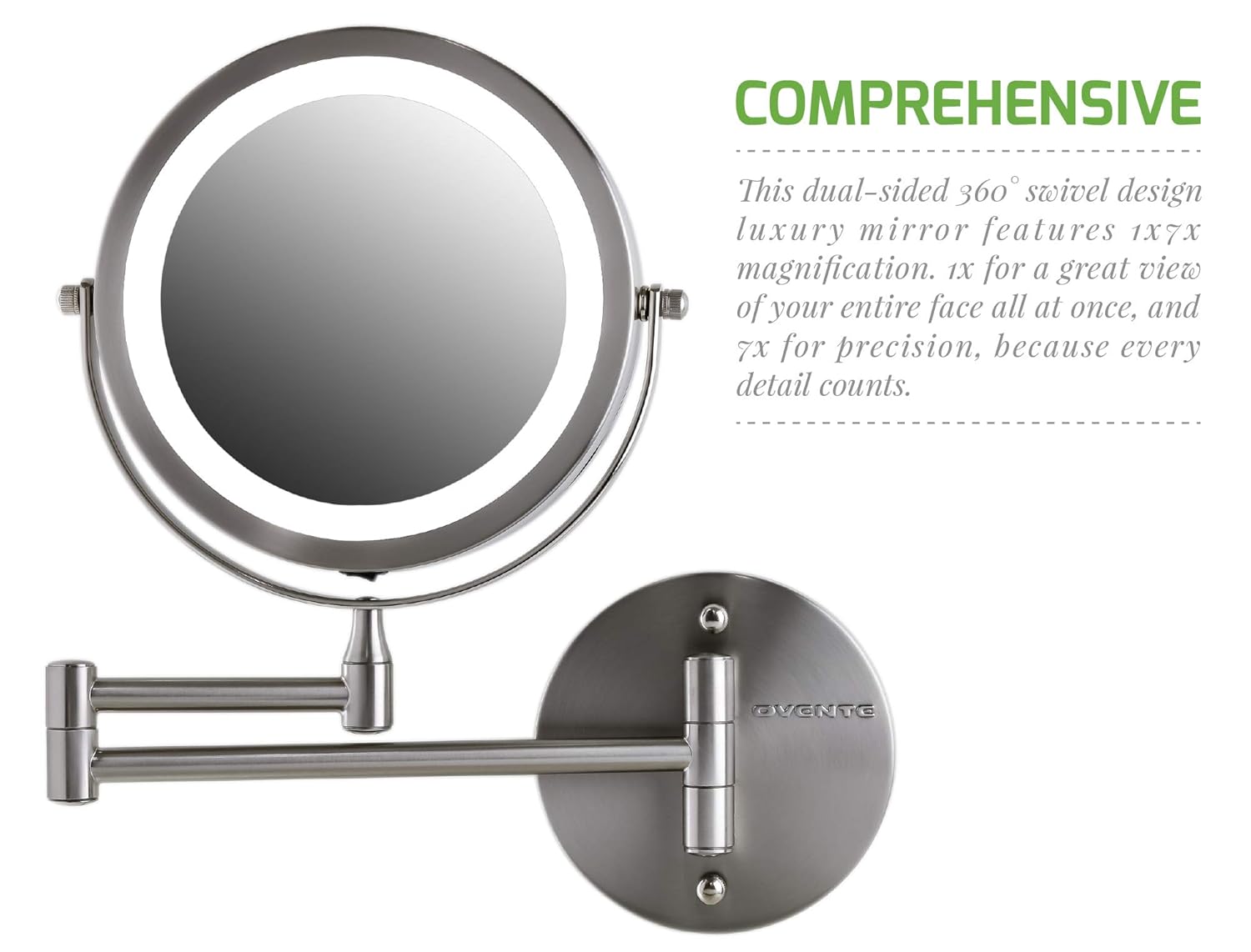 OVENTE Wall Mounted Double Sided 180 extendable arm Vanity Makeup Mirror 7 Inch 1X with Full View 7X Magnification and LED Light, 360 Rotation, 4 AAA Battery Operated Nickel Brushed MFW70BR1X7X : Beauty