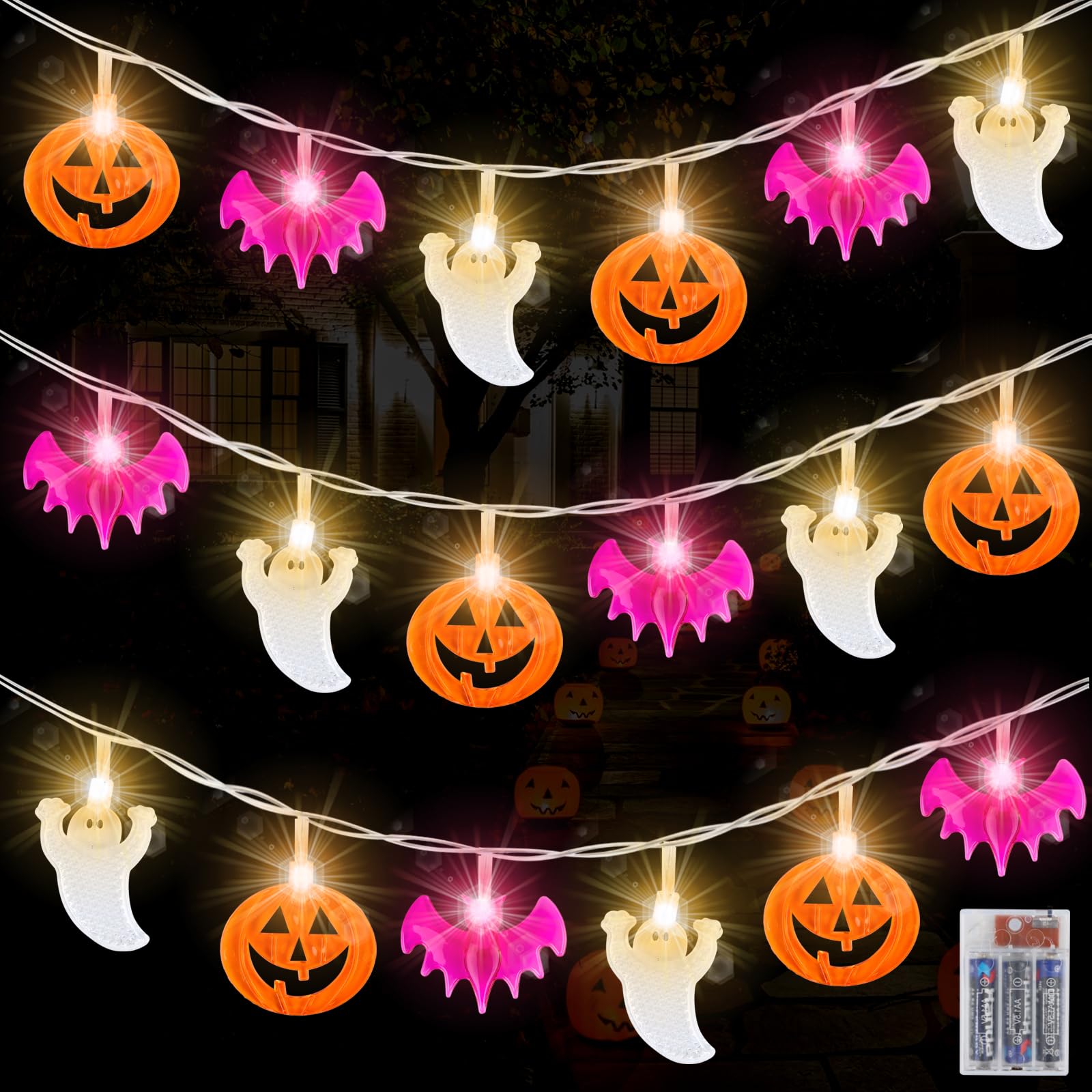 Halloween Lights Indoor Outdoor, 3M 20LEDs Fairy Lights Decoration, Orange Pumpkins, Purple Bats, Spider and White Ghost for Party Garden